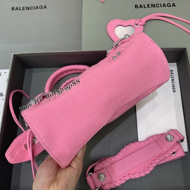 Balenciaga專櫃爆款牛仔粉色鑽扣手提女包 638515 巴黎世家Neo cagole機車包 fyj2000